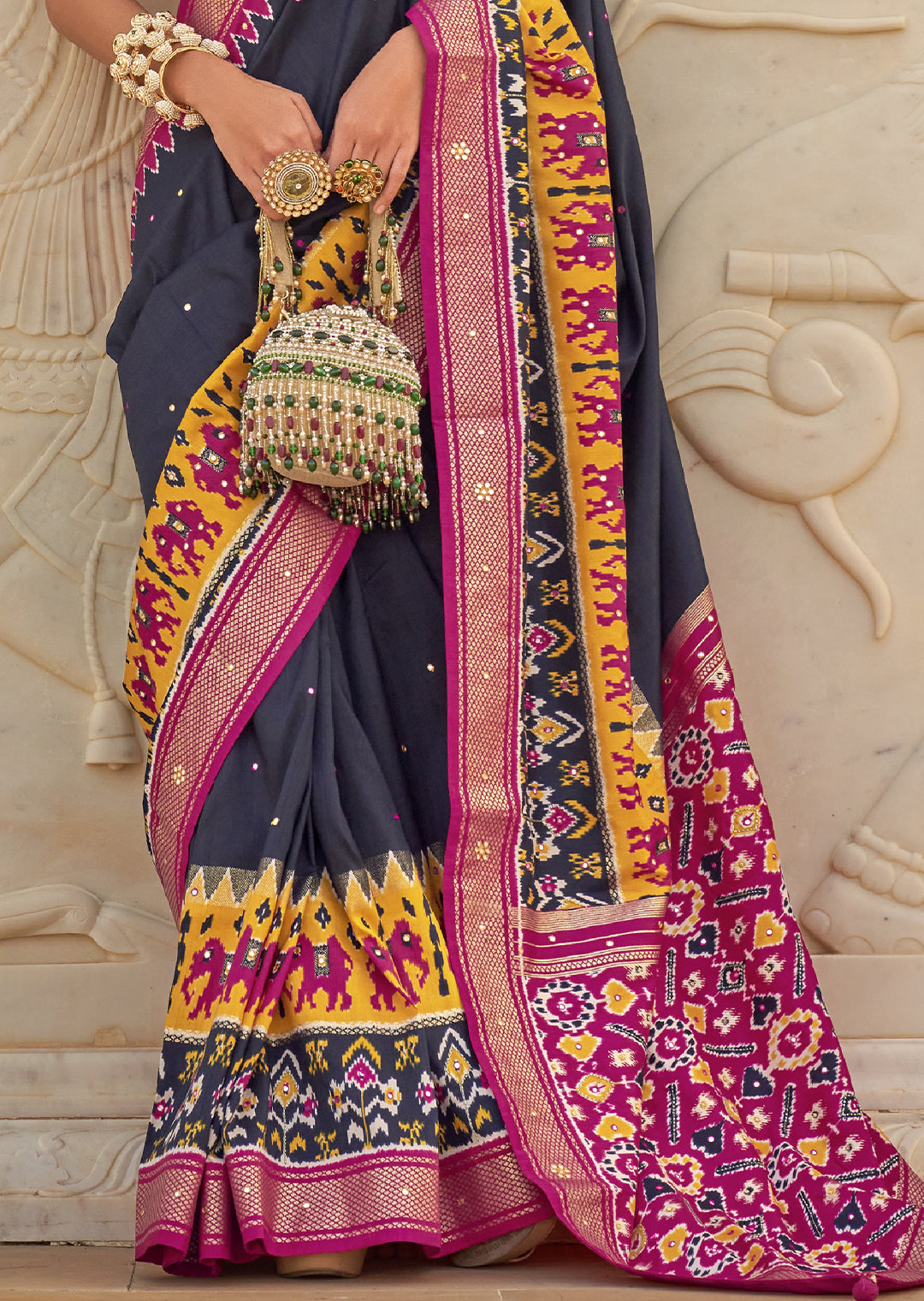 MIDNIGHT BLUE WOVEN TRADITIONAL PATOLA SILK SAREE WITH KHATLI WORK