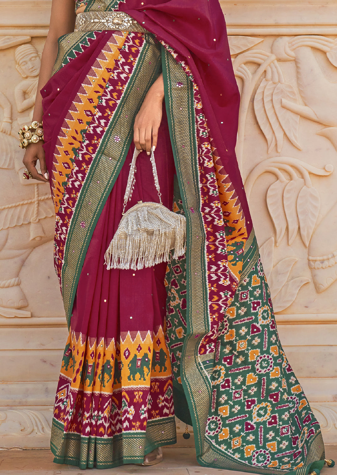 CHERRY RED WOVEN TRADITIONAL PATOLA SILK SAREE WITH KHATLI WORK