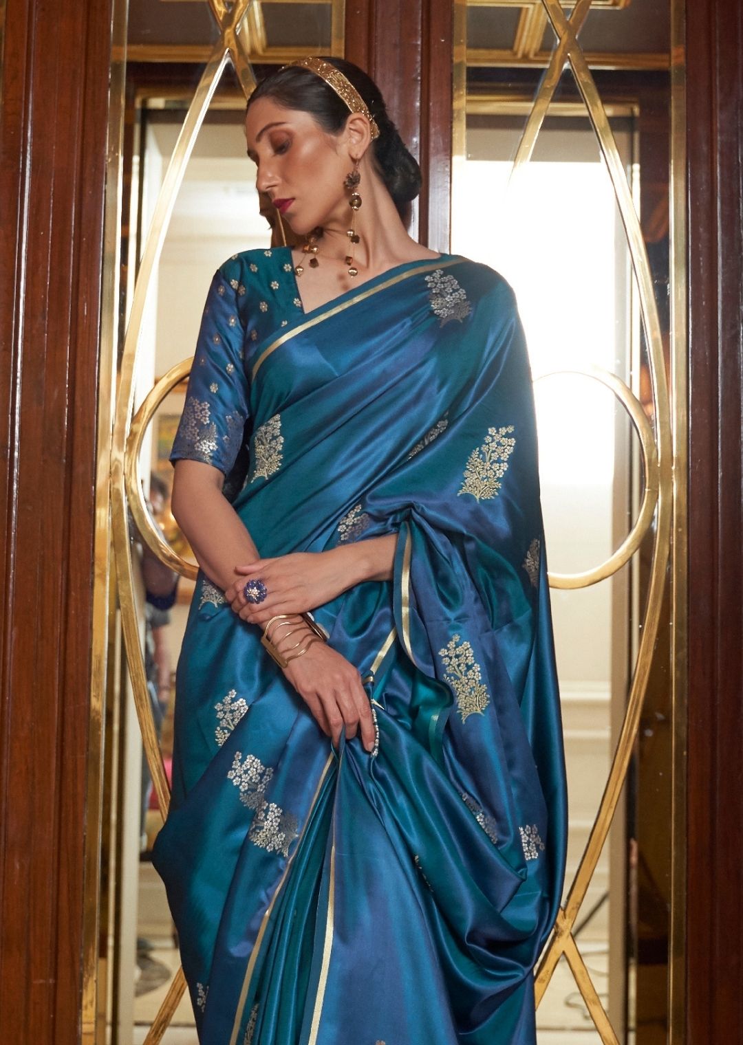 Yale Blue Woven Pure Satin Silk Saree