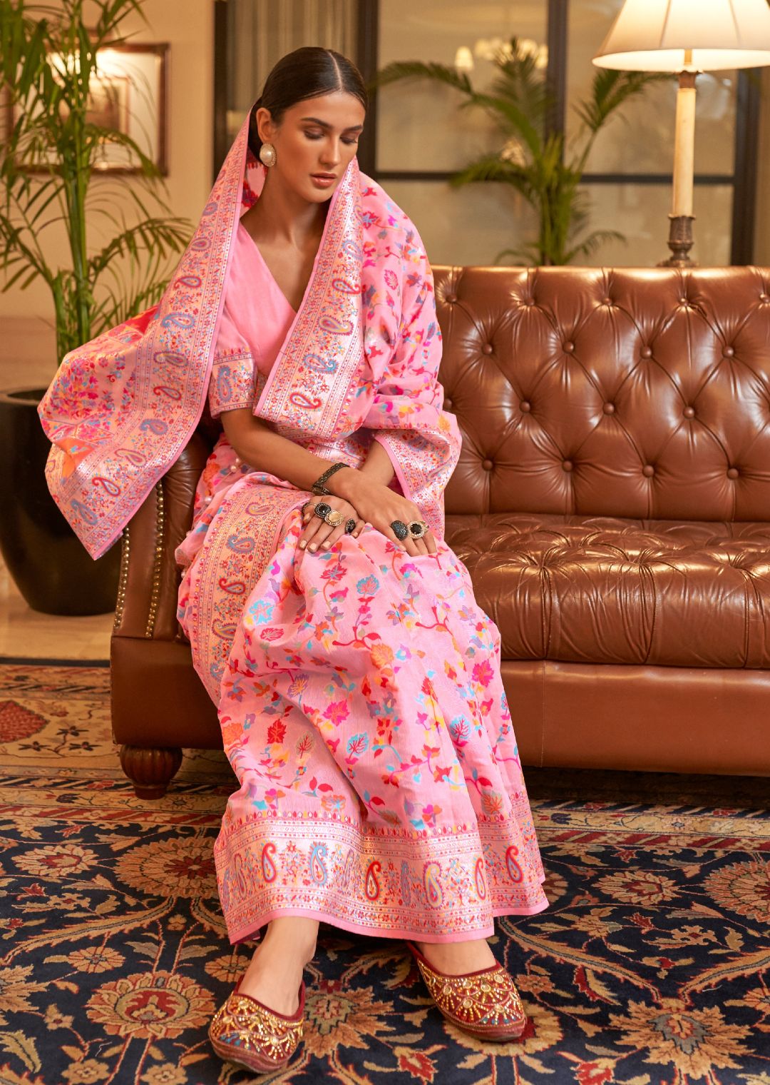 Holy Hock Pink Woven Pure Handloom Kashmiri Jamewar Silk Saree