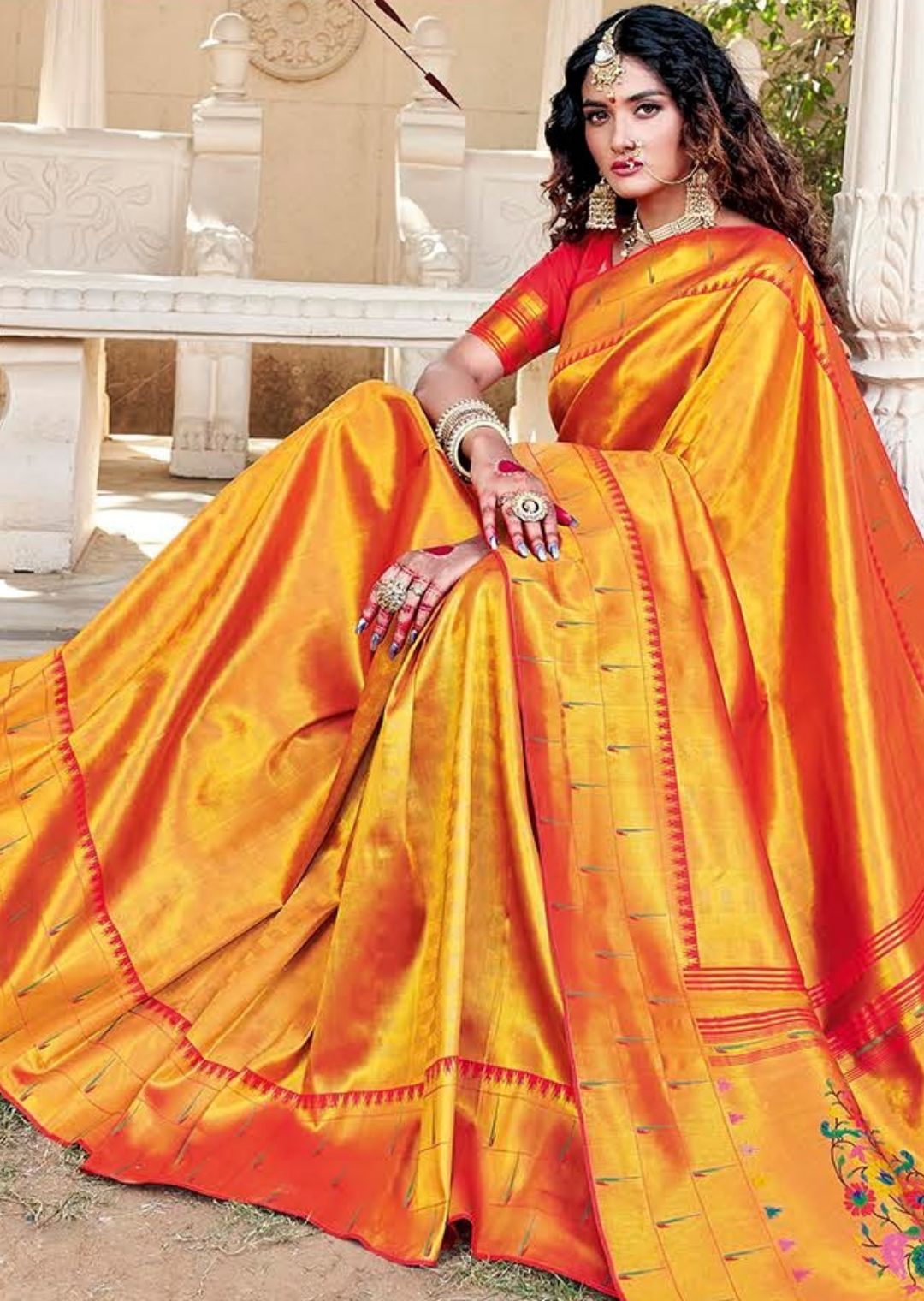 Golden Red Woven Pure Kanjivaram Traditional Paithani Silk Saree
