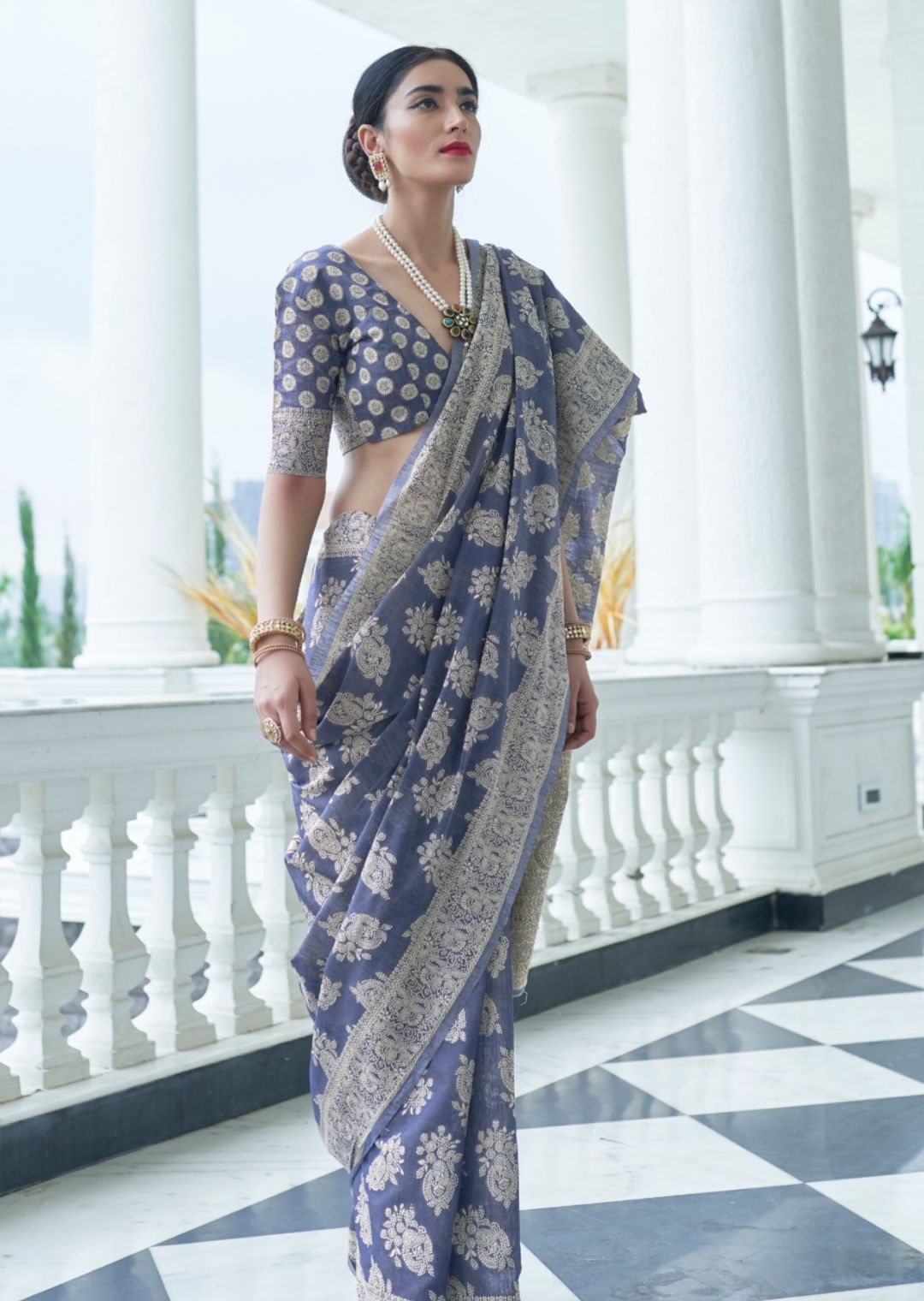 Light Violet Hand Woven Lucknowi Cotton Saree