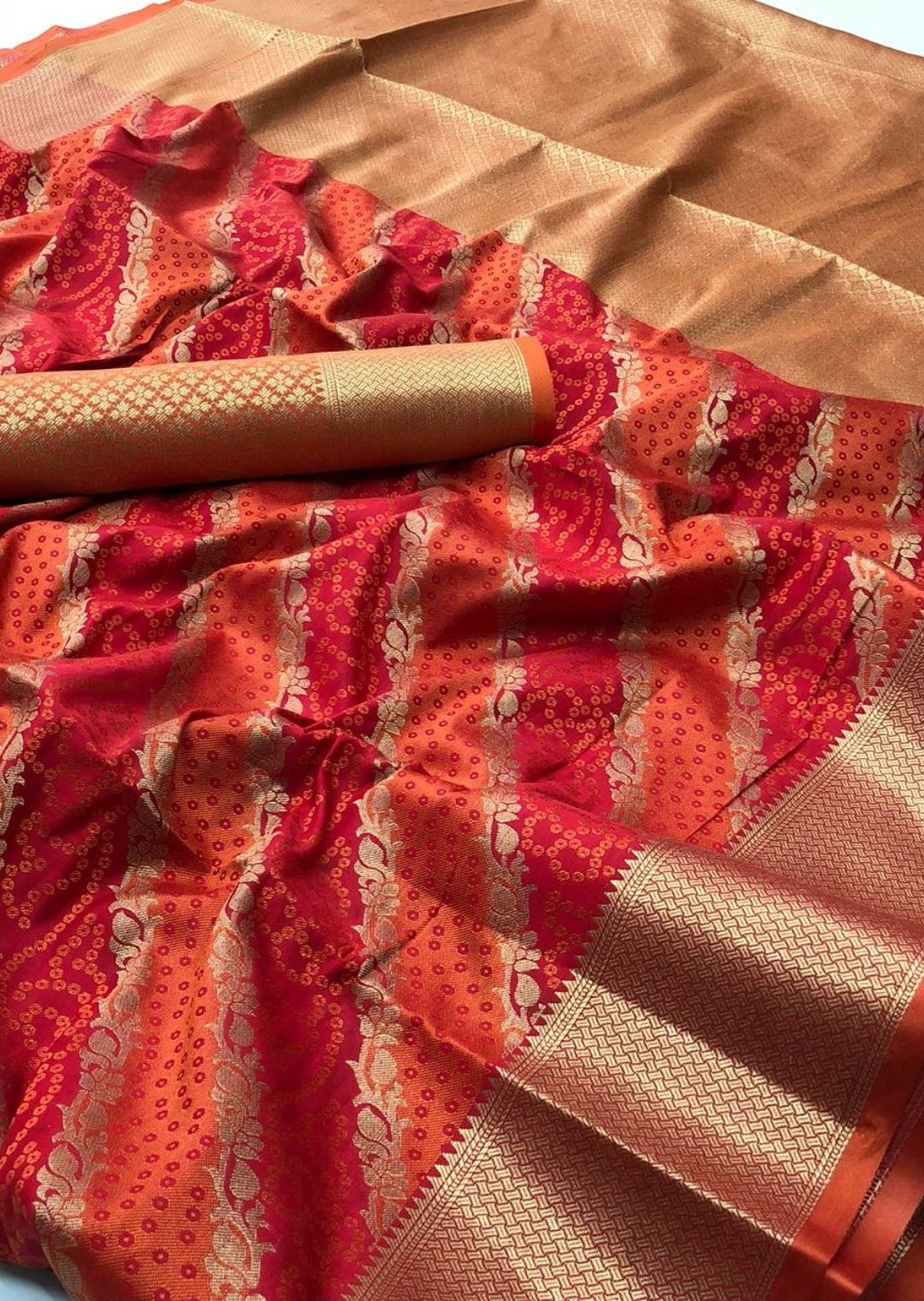 Deep Orange & Red Woven Traditional Patola Silk Saree