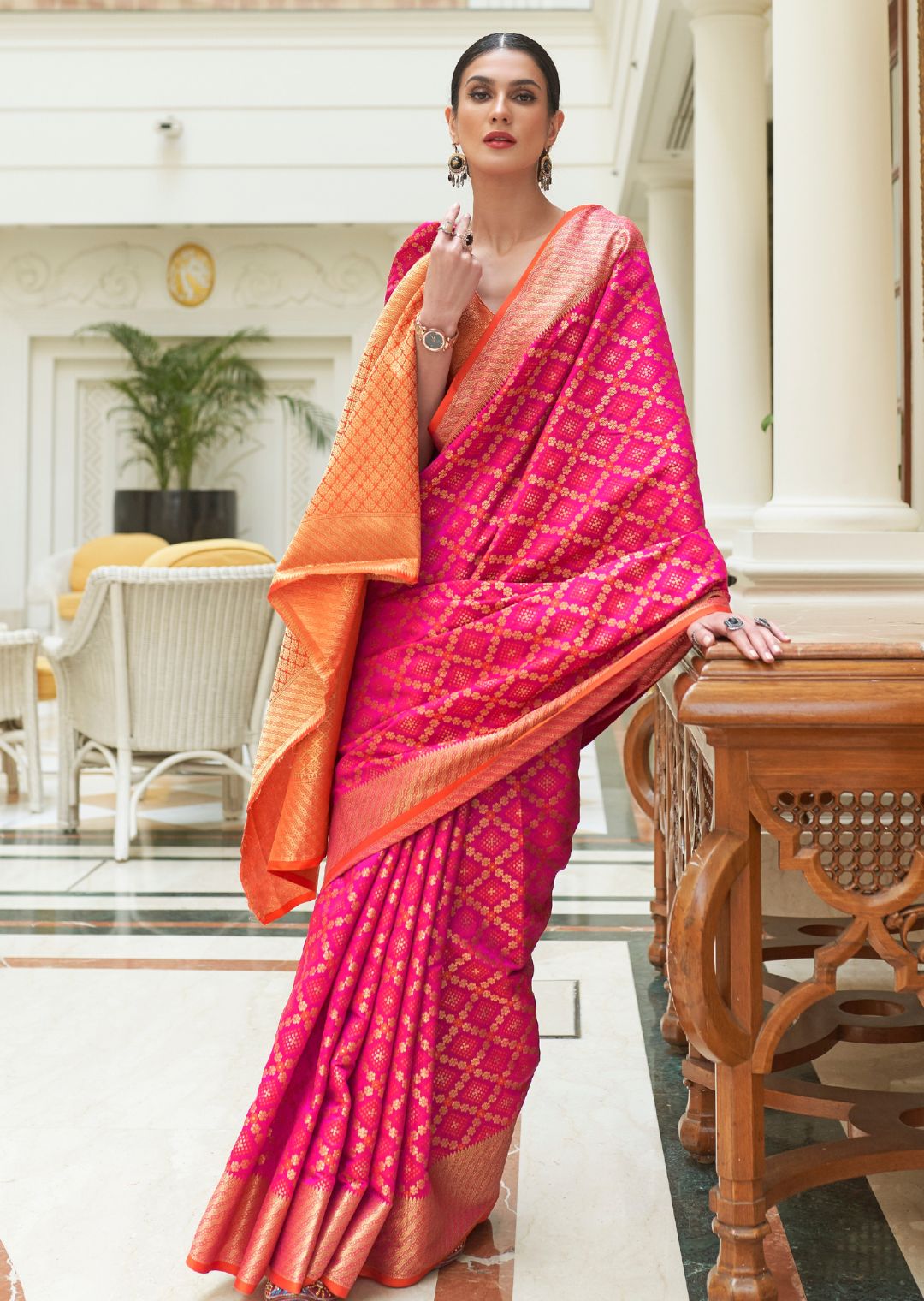 Deep Pink Zari Woven Traditional Patola Silk Saree With Self Brocade Blouse