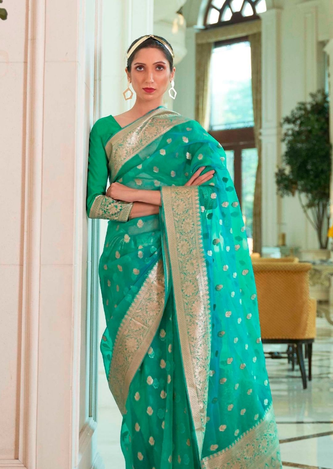 Turquoise Green Hand Woven Organza Chanderi Silk Saree