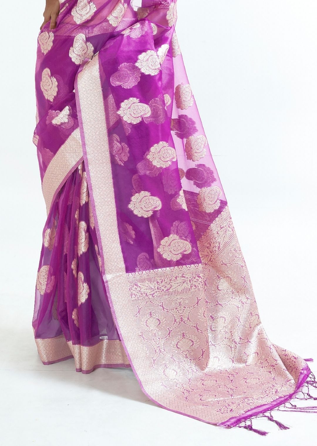 French Purple Hand Woven Organza Silk Saree