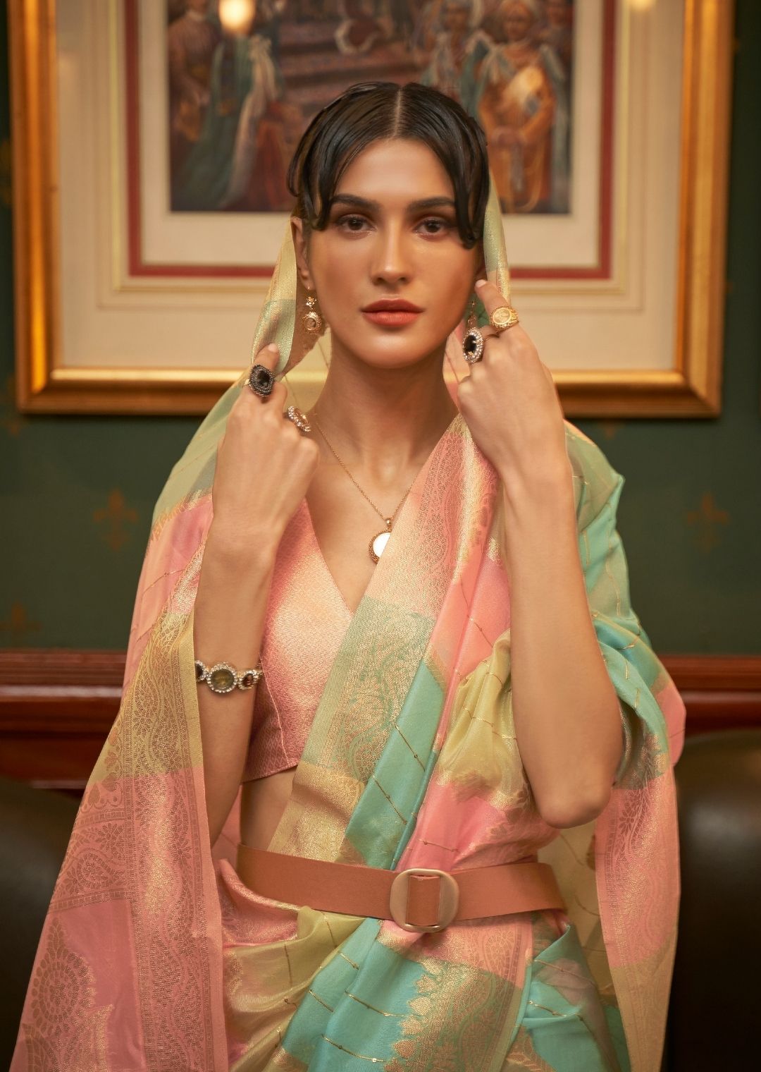 Cream & Pink Zari Woven Pure Handloom Organza Silk Saree With Sequins Work
