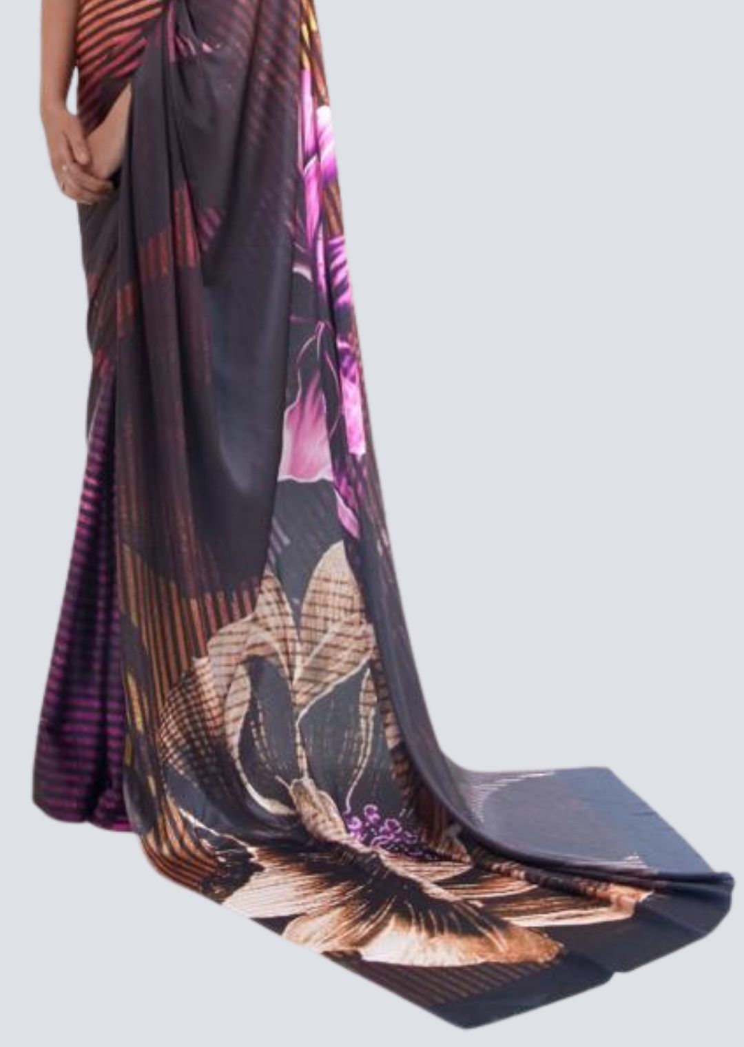 Brown Digital Printed Satin Crepe Saree