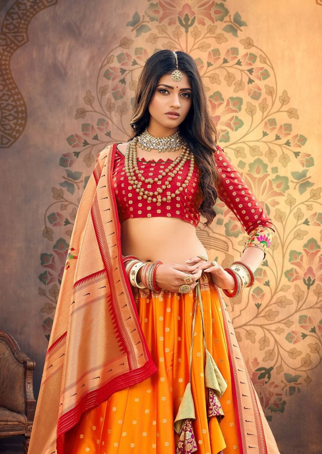 Gold Orange Woven Paithani Silk Lehenga