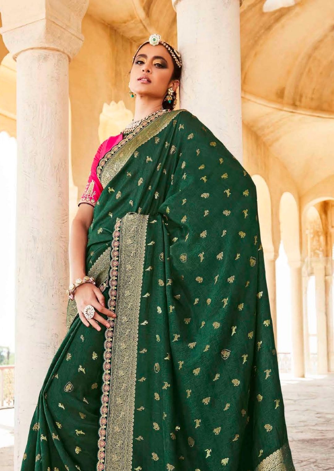 Bottle Green Banarasi Silk Jacquard Half Saree With Contrast Maroon Co