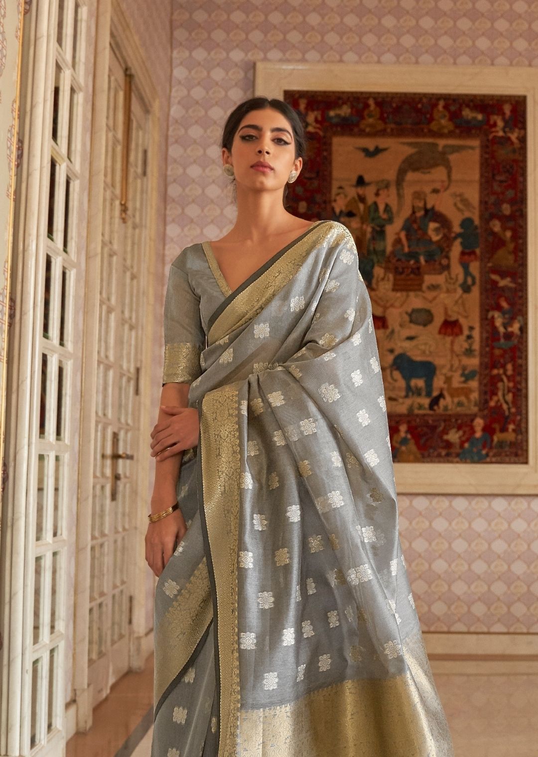 Pewter Gray Hand Woven Organza Silk Saree