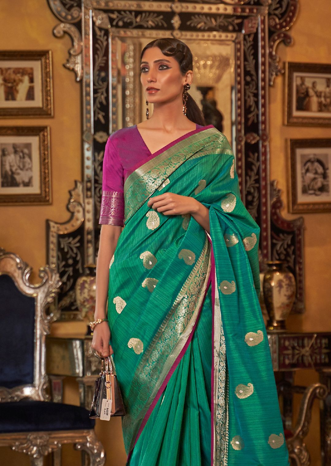 Peacock Green Zari Woven Pure Handloom Tessar Silk Saree