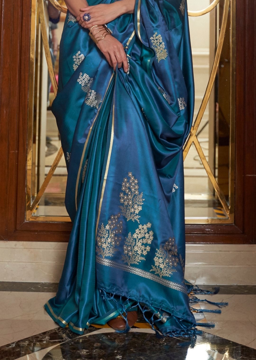 Yale Blue Woven Pure Satin Silk Saree