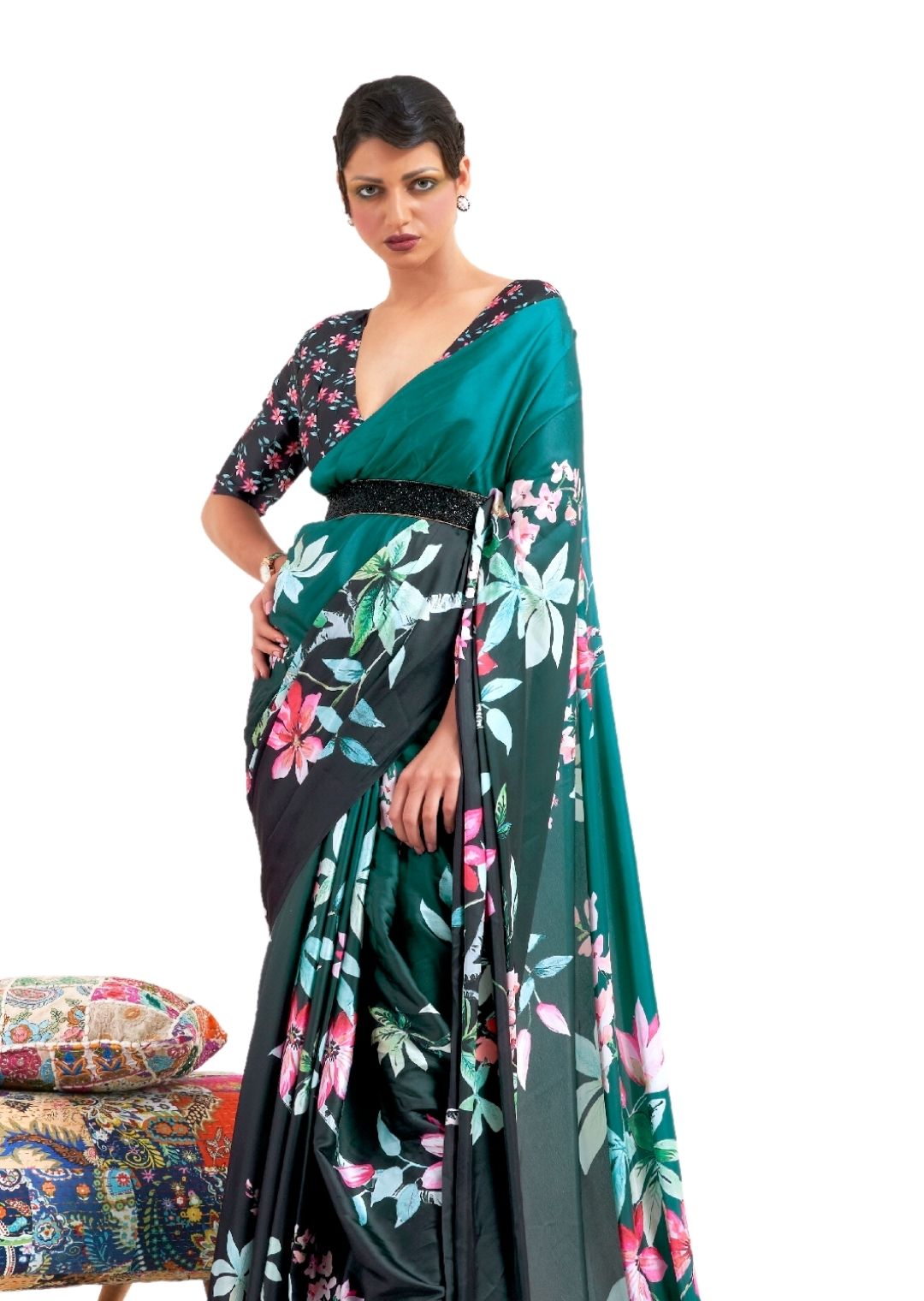 Green Shaded Digital Printed Satin Crepe Saree