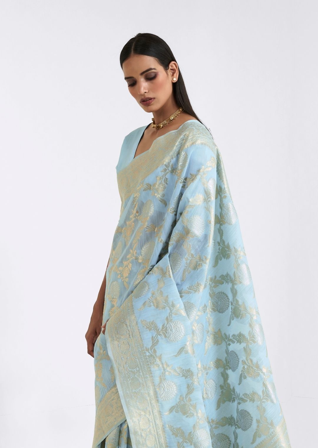 Light Sky Blue Zari Woven Pure Handloom Linen Saree