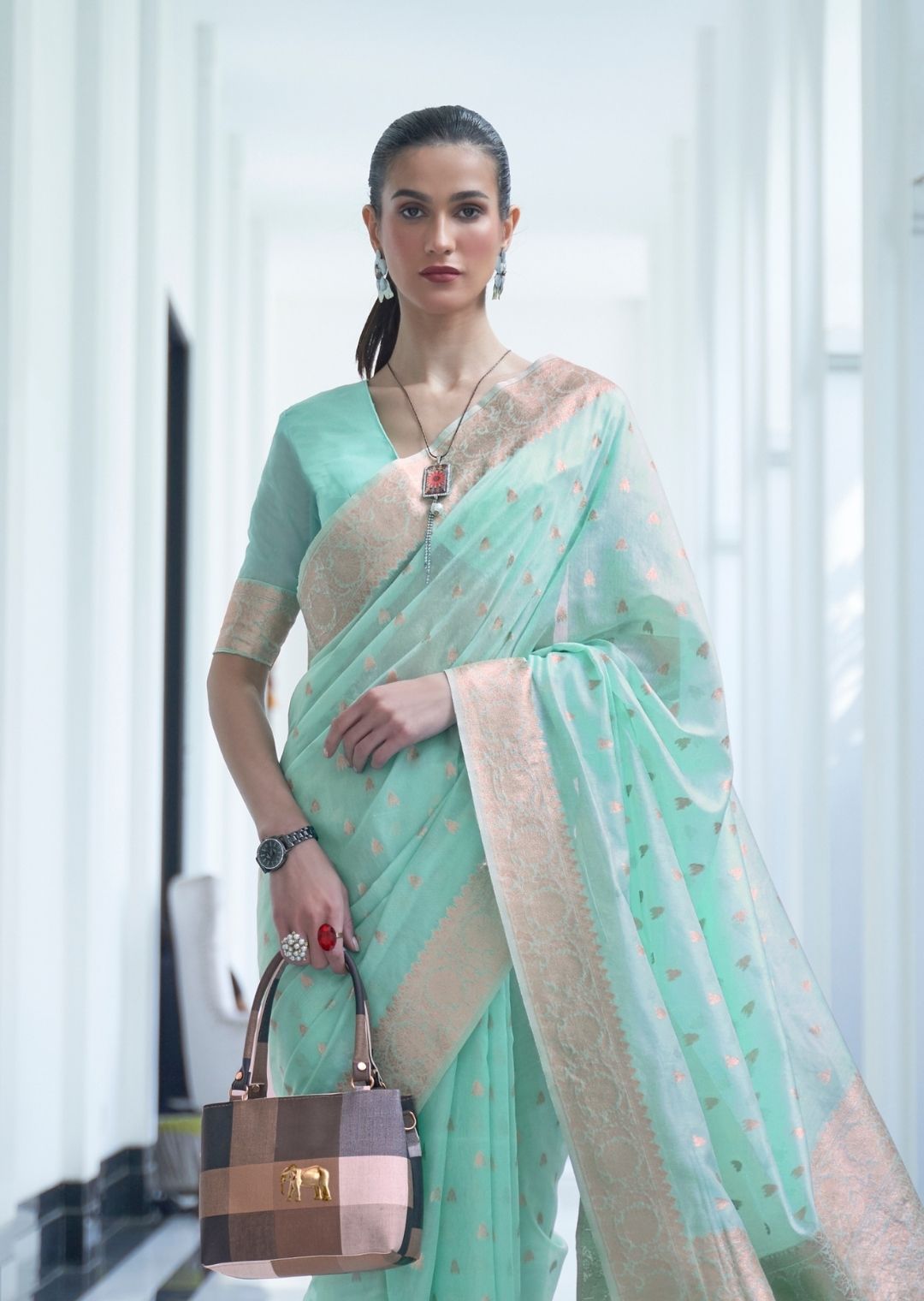 Aqua Blue Zari Woven Pure Handloom Linen Saree