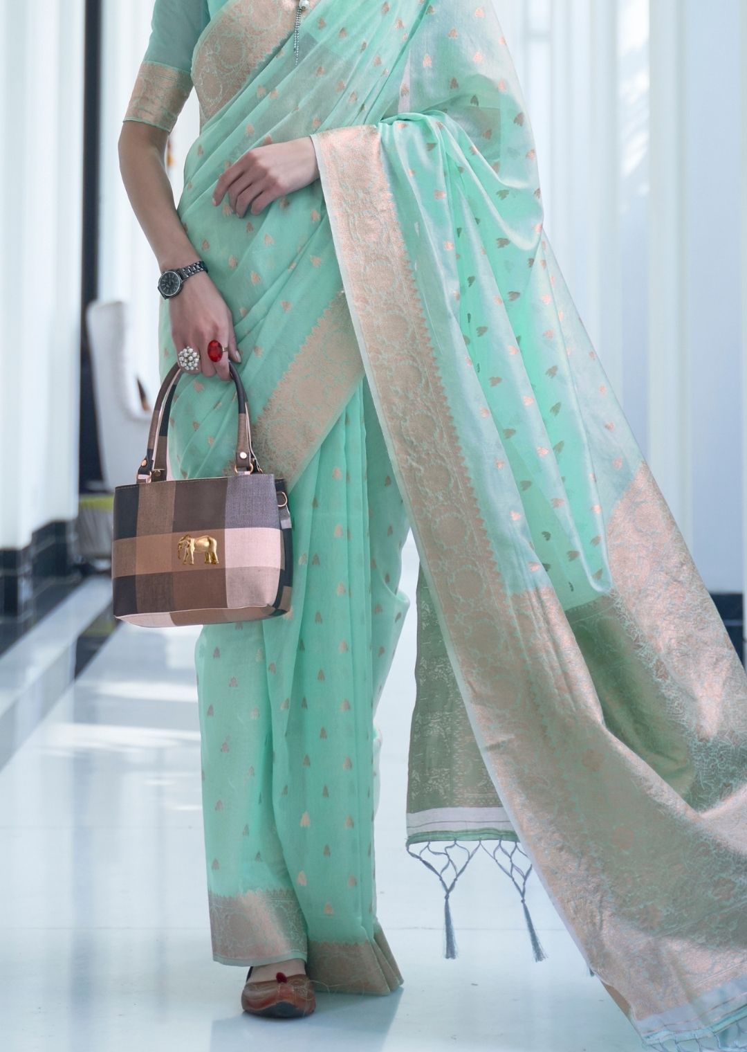 Aqua Blue Zari Woven Pure Handloom Linen Saree