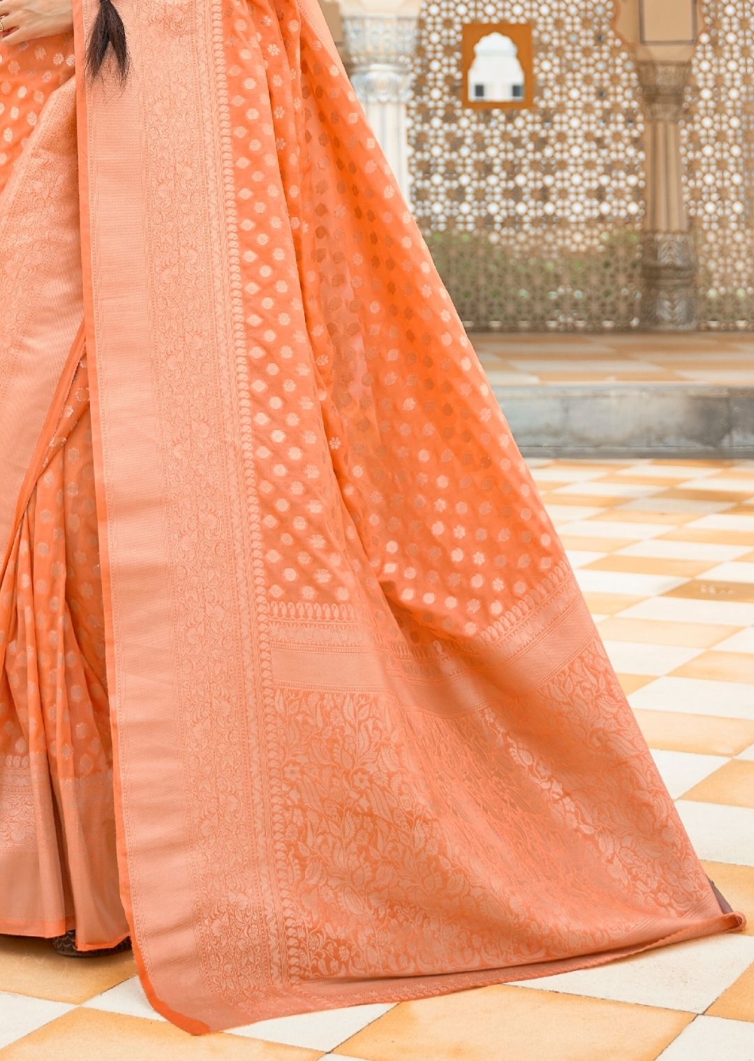 Peach Woven Khaddi Georgette Banarasi Saree With Embroidered Silk Blouse