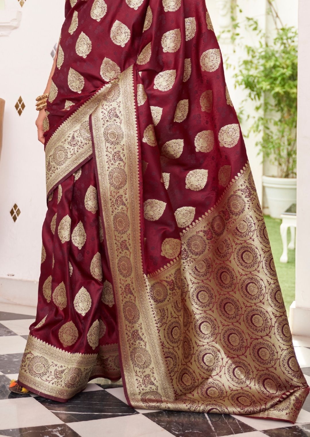 Maroon Red Woven Pure Satin Banarasi Silk Saree