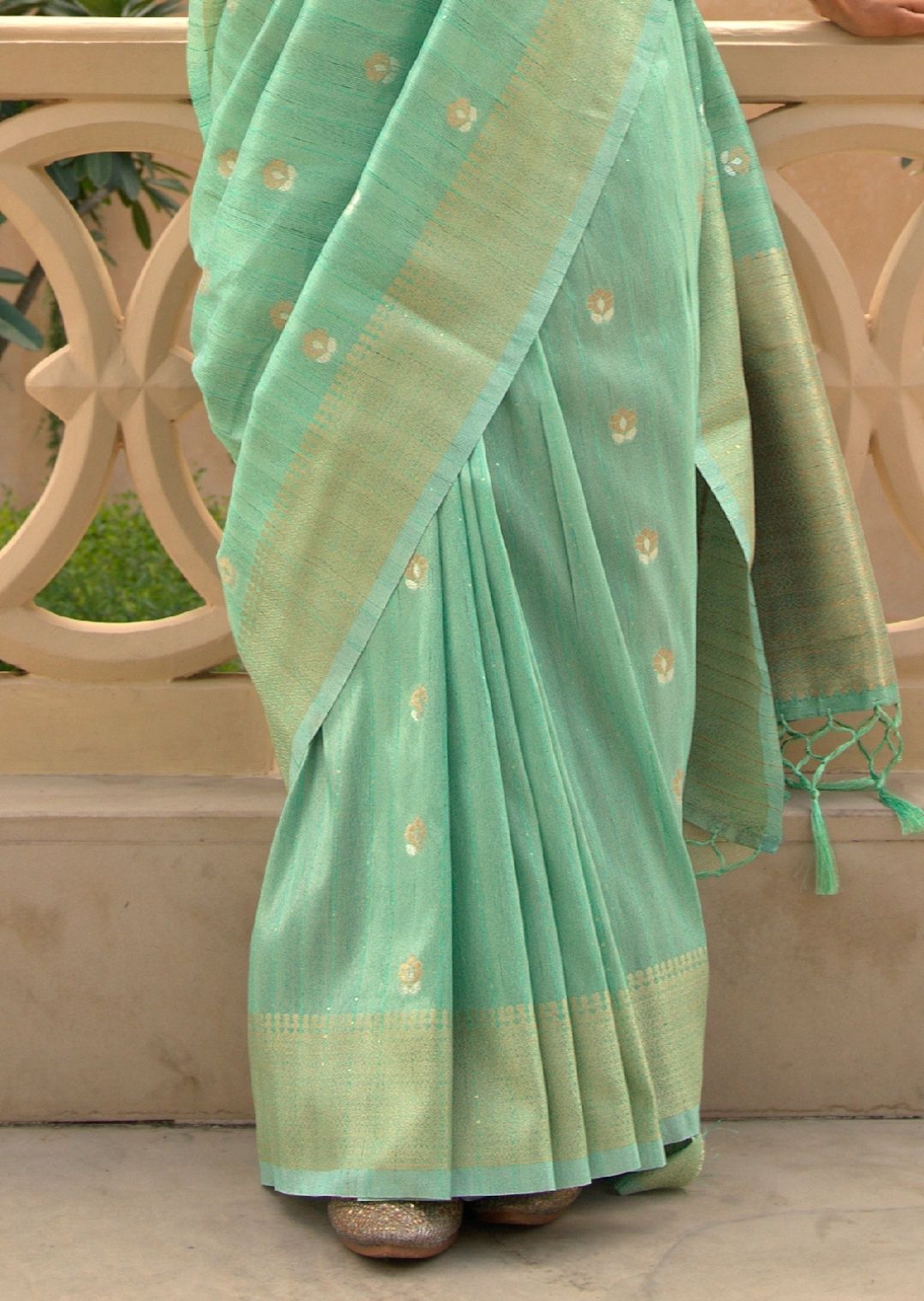 Light Aqua Marine Blue Zari Woven Pure Handloom Linen Saree