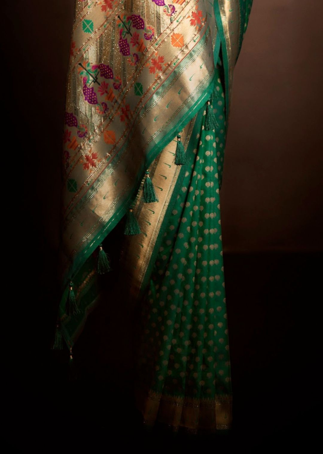 Green Zari Woven Traditional Peshwai Paithani Silk Saree With Swarovski Work