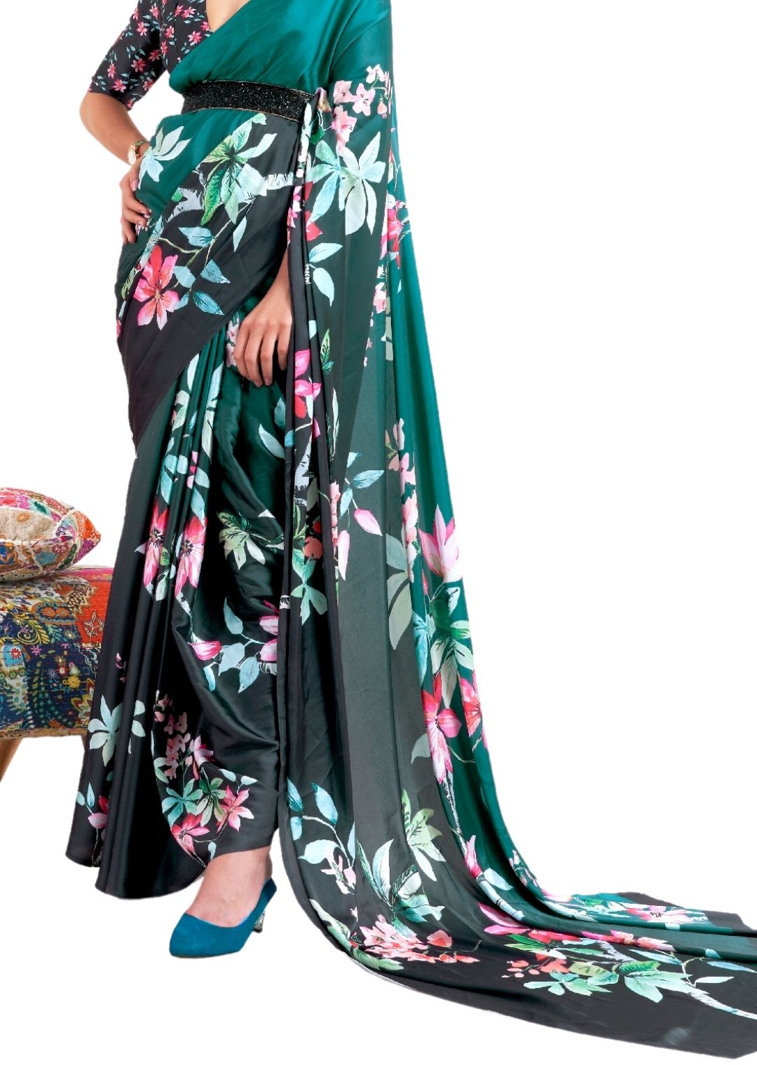 Green Shaded Digital Printed Satin Crepe Saree