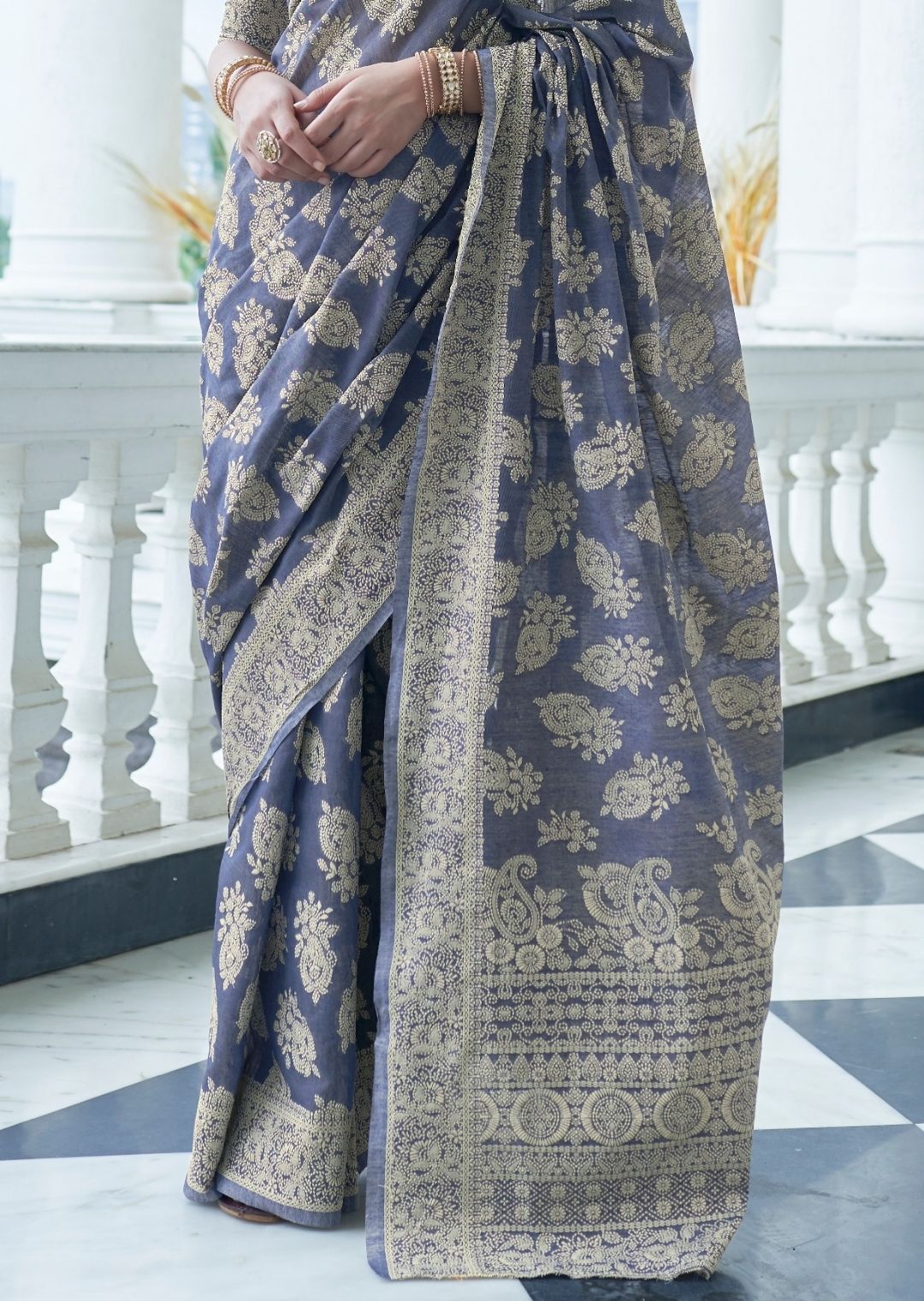 Light Violet Hand Woven Lucknowi Cotton Saree