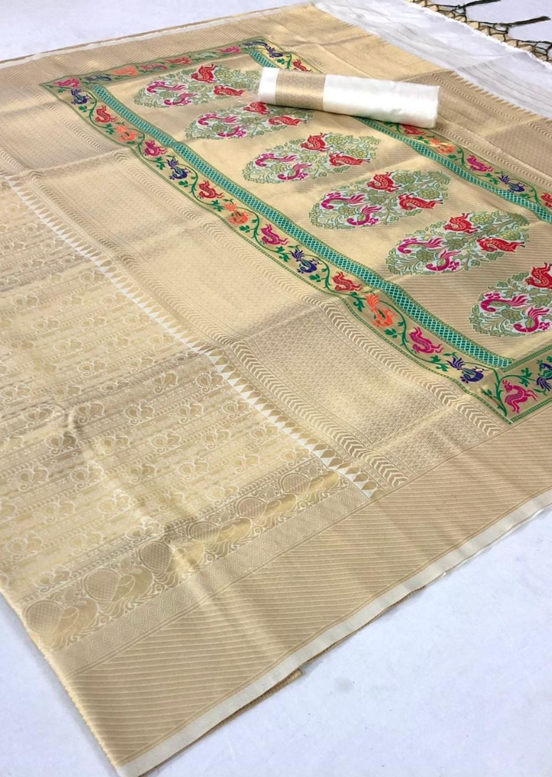 White Gold Hand Woven Kanjivaram Silk Saree