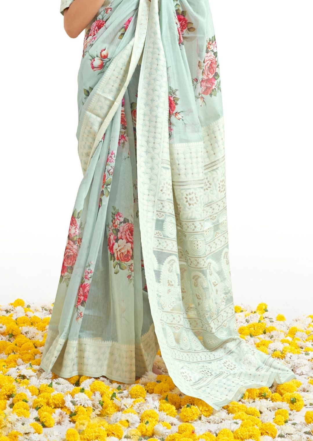 Light Pistachio Hand Woven Lucknowi Cotton Saree