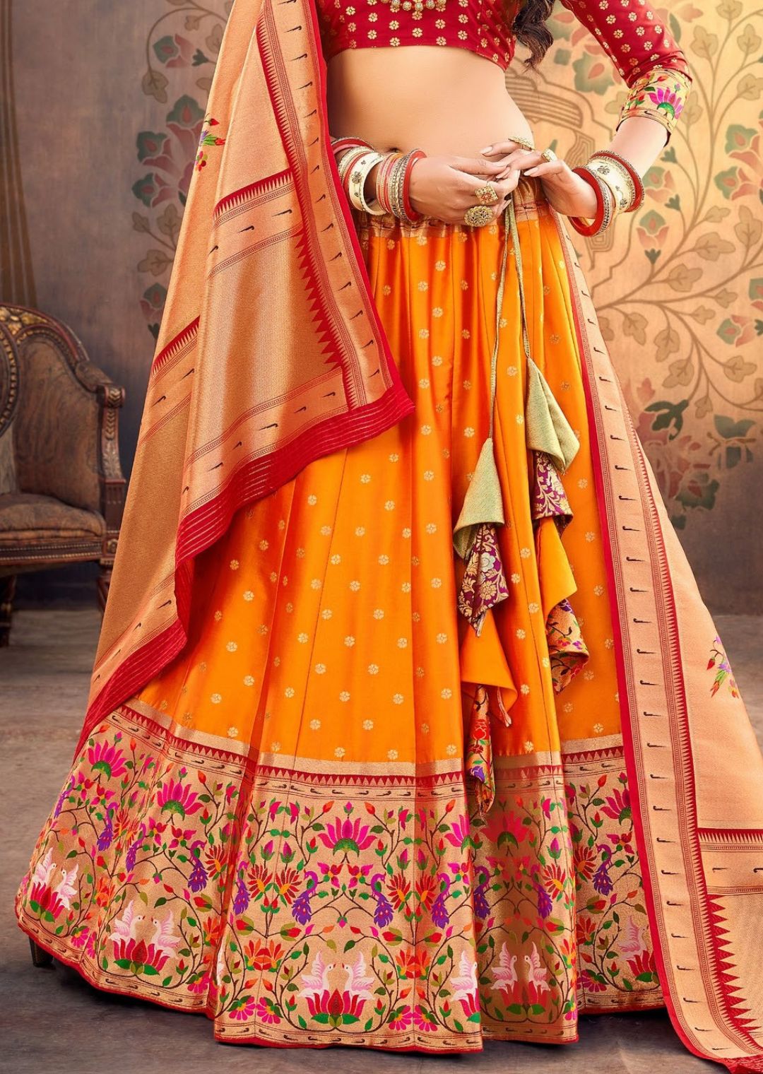 Gold Orange Woven Paithani Silk Lehenga