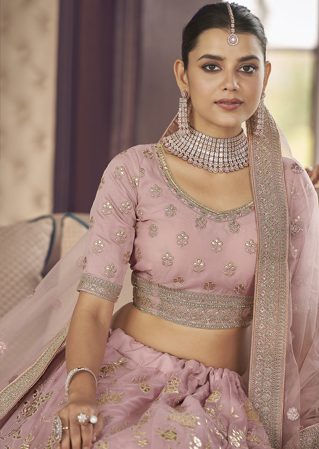 SOFT BERRY PINK HEAVY EMBROIDERED DESIGNER LEHENGA