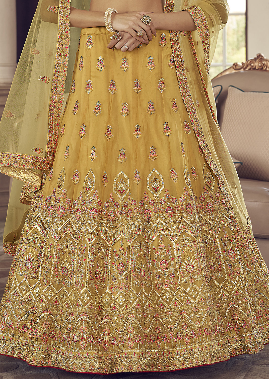 GOLDEN YELLOW HEAVY EMBROIDERED DESIGNER LEHENGA