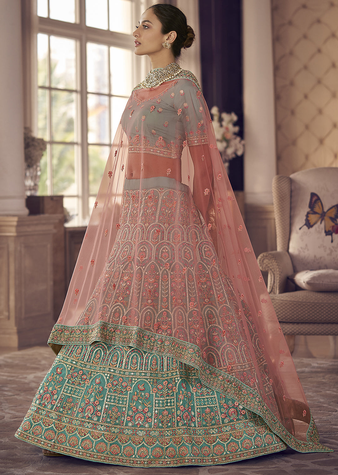 TURQUOISE GREEN HEAVY EMBROIDERED DESIGNER LEHENGA