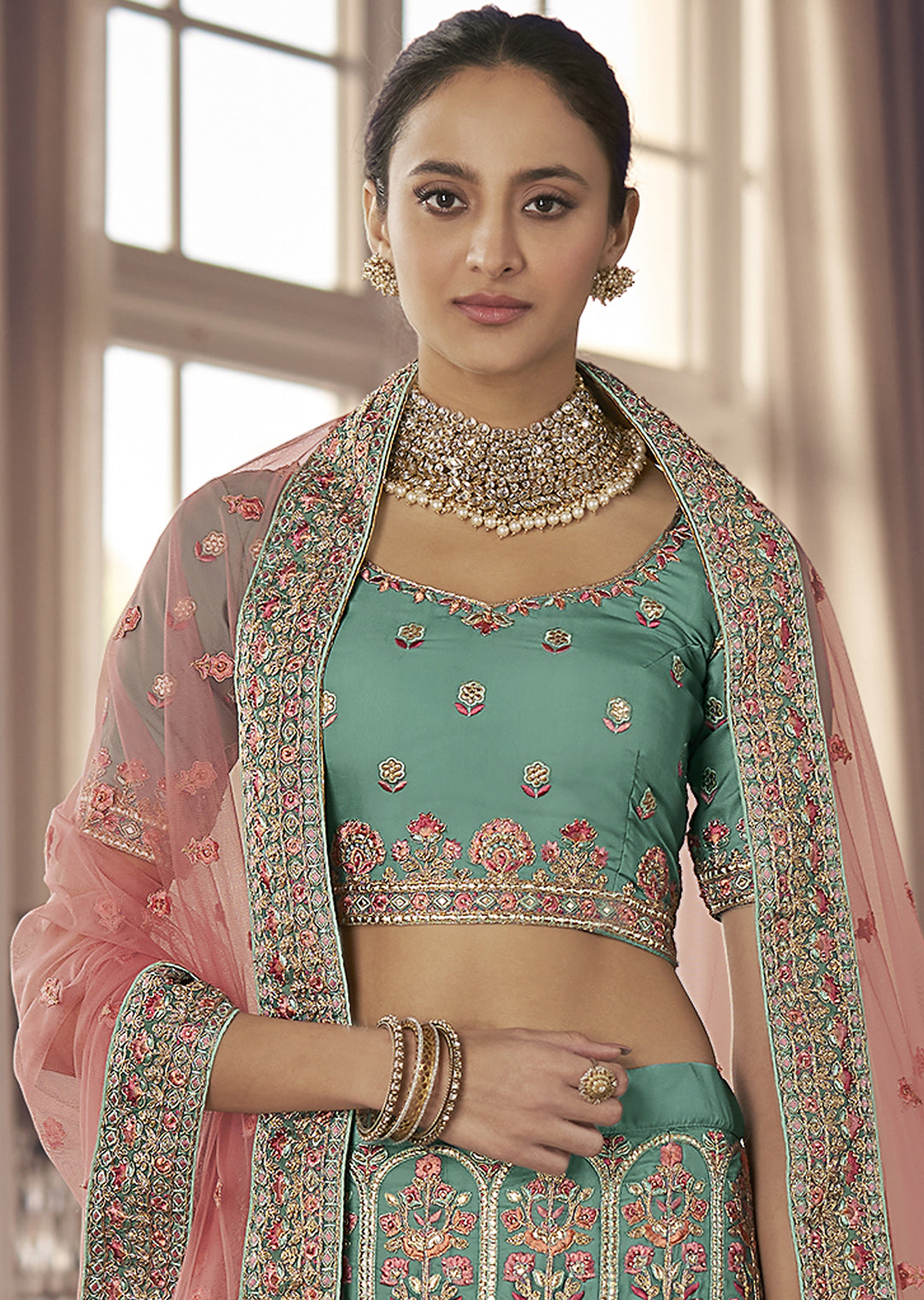 TURQUOISE GREEN HEAVY EMBROIDERED DESIGNER LEHENGA