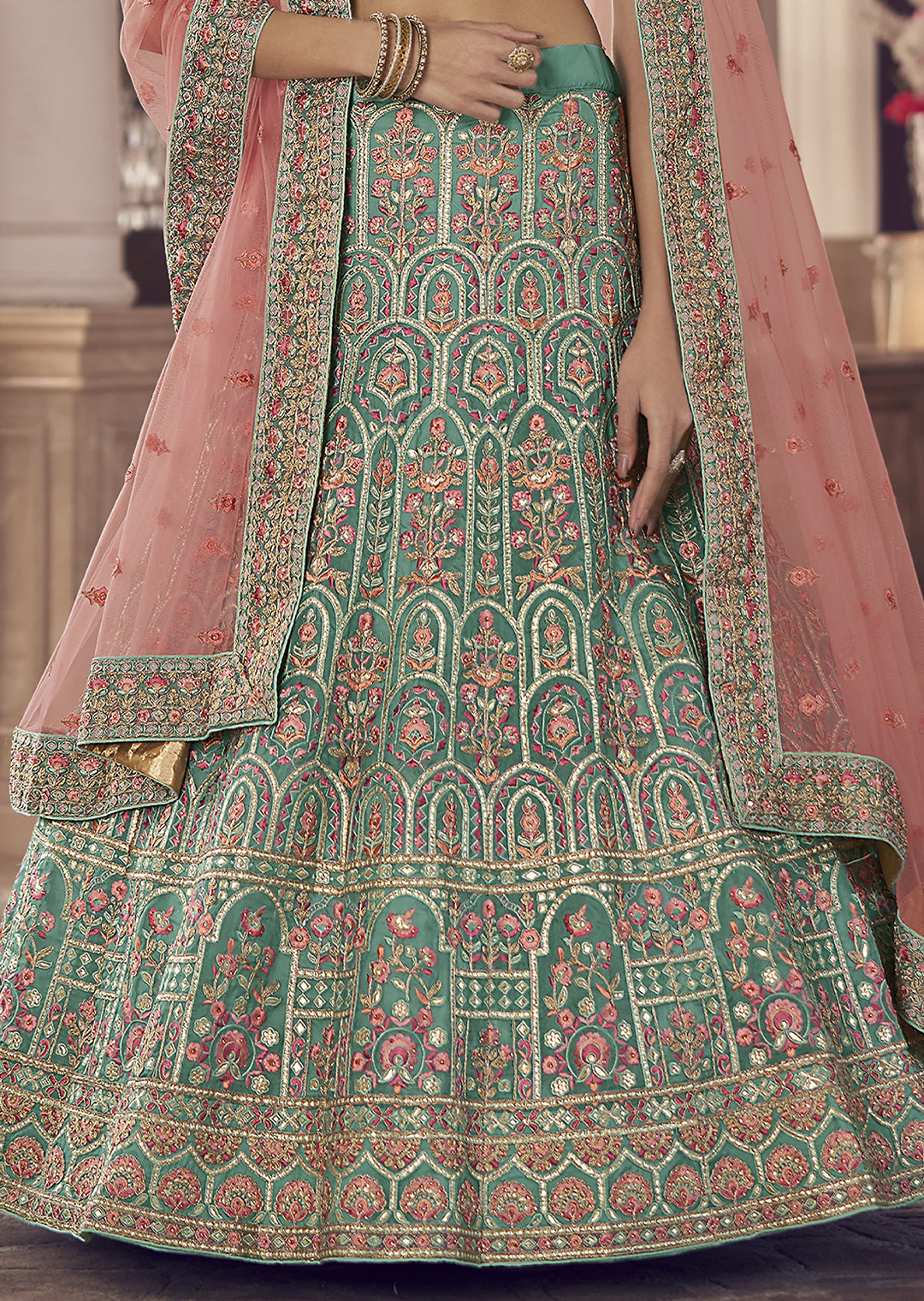 TURQUOISE GREEN HEAVY EMBROIDERED DESIGNER LEHENGA