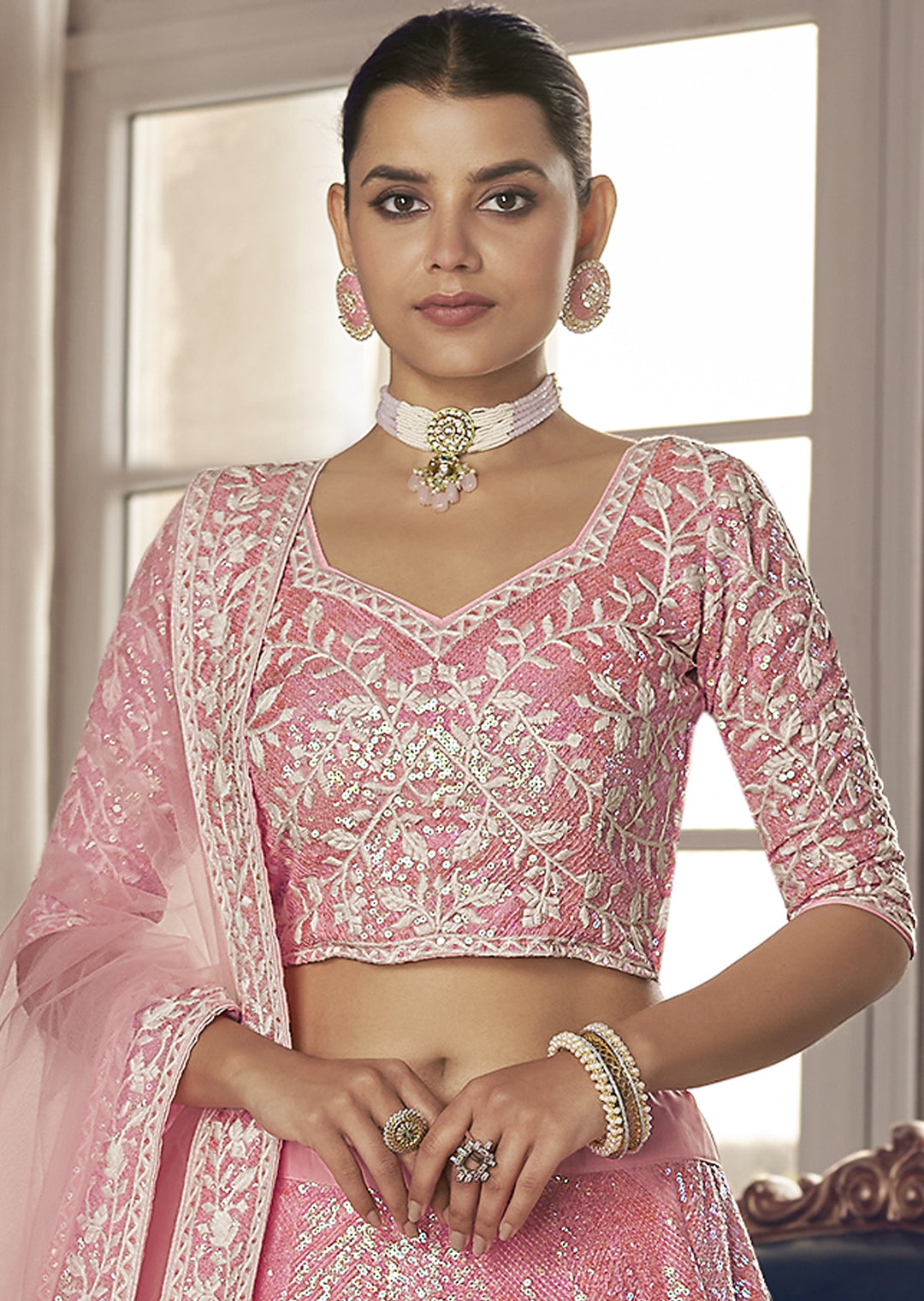 PINK HEAVY EMBROIDERED DESIGNER LEHENGA