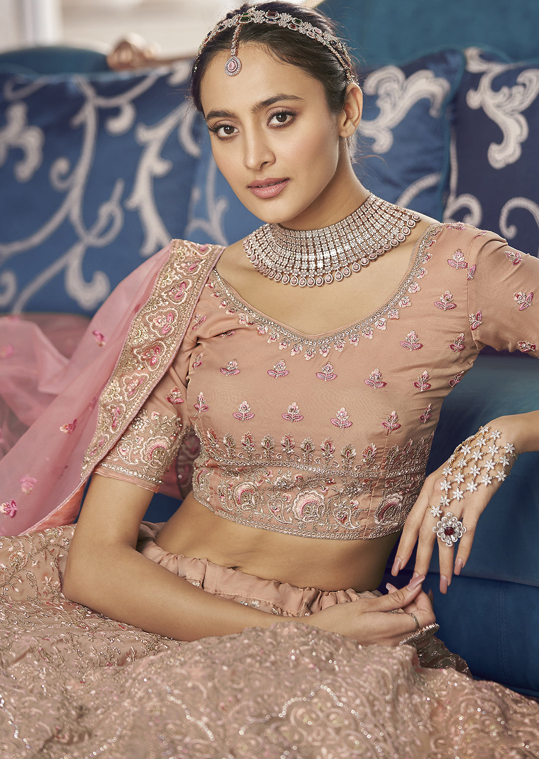 Embellished Peach Lehenga Combination in Long Gown for Walima – Nameera by  Farooq