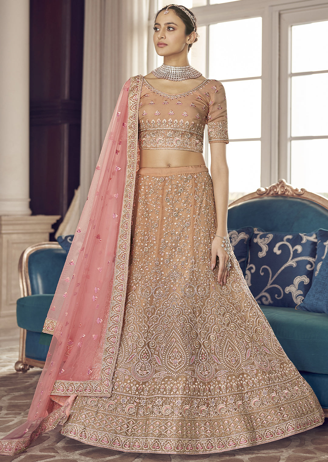 Regal Golden Pink Bridal Lehenga – Gunj Fashion