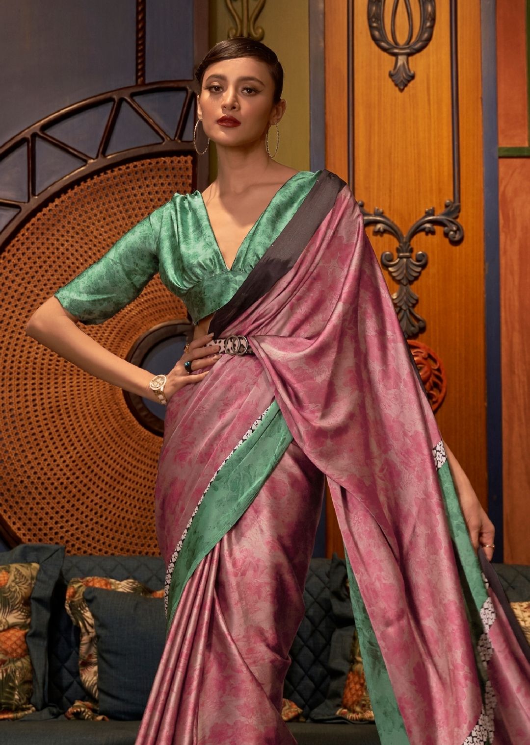 Watermelon Pink Digital Printed Satin Crepe Silk Saree