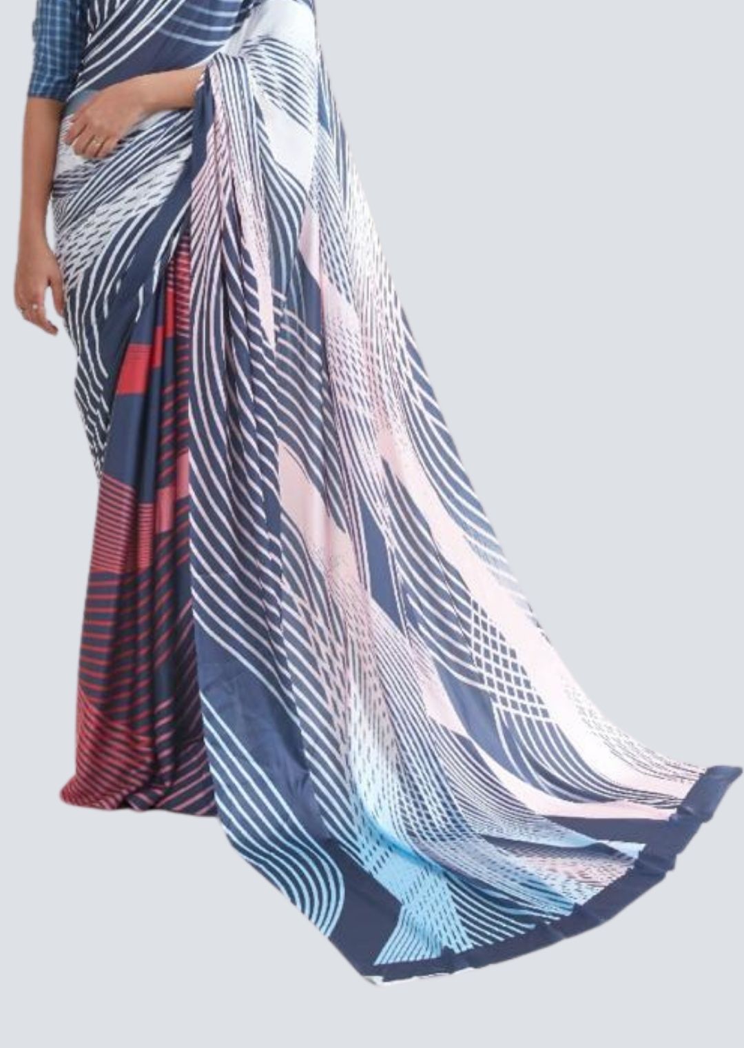 Paris Blue Digital Printed Satin Crepe Saree