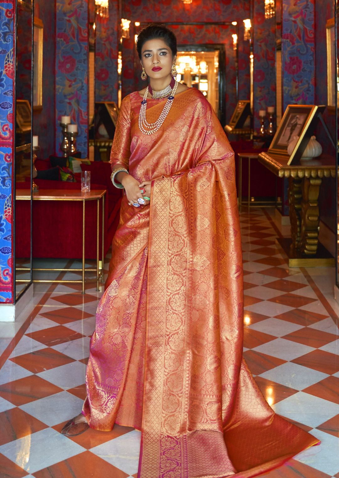 Maharani's Pure Handloom Kanjivaram Silk Saree - Bridal Red with Golde –  Maharani Collections