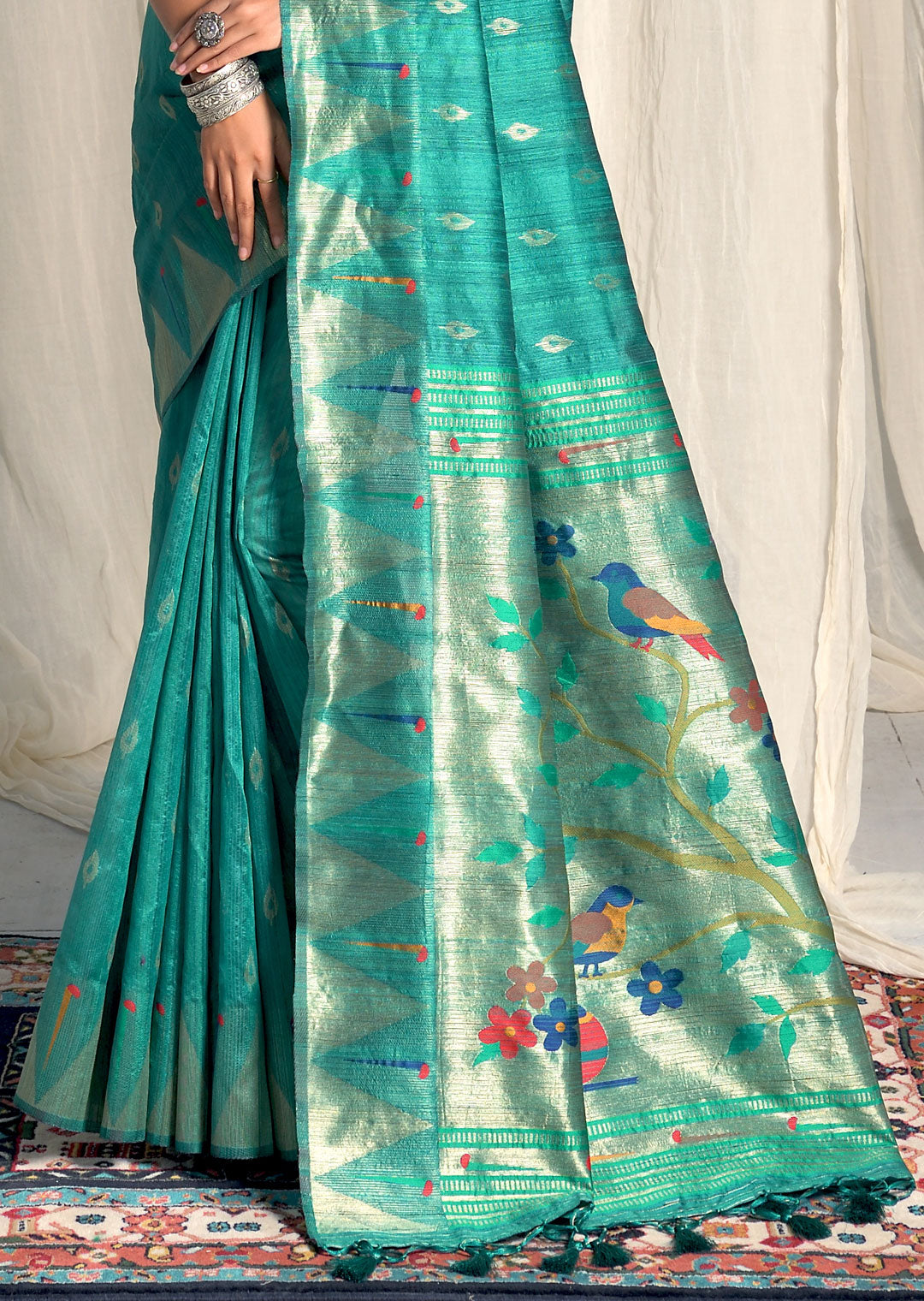 TURQUOISE GREEN ZARI WOVEN TRADITIONAL PAITHANI SILK SAREE