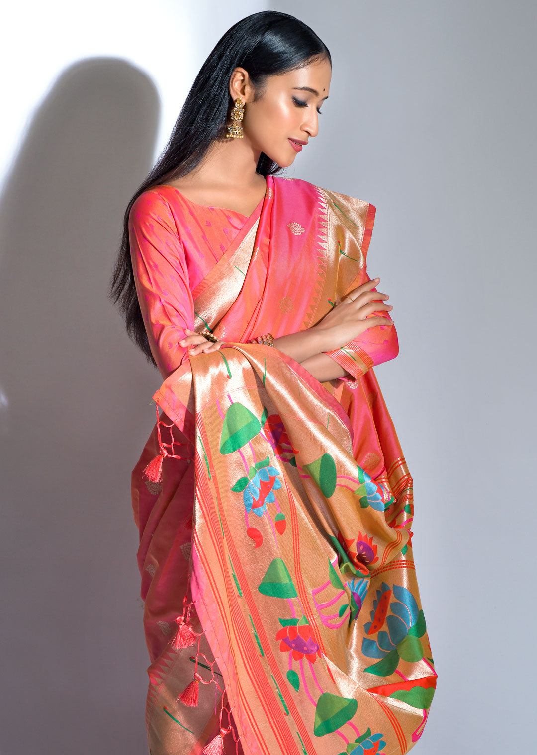 SALMON ORANGE ZARI WOVEN TRADITIONAL PAITHANI SILK SAREE