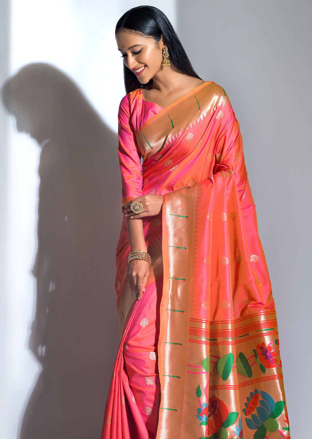 SALMON ORANGE ZARI WOVEN TRADITIONAL PAITHANI SILK SAREE