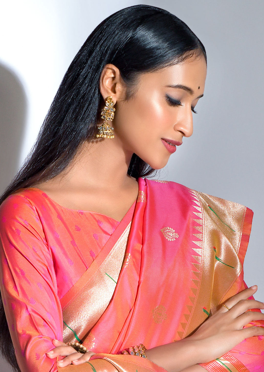 SALMON ORANGE ZARI WOVEN TRADITIONAL PAITHANI SILK SAREE