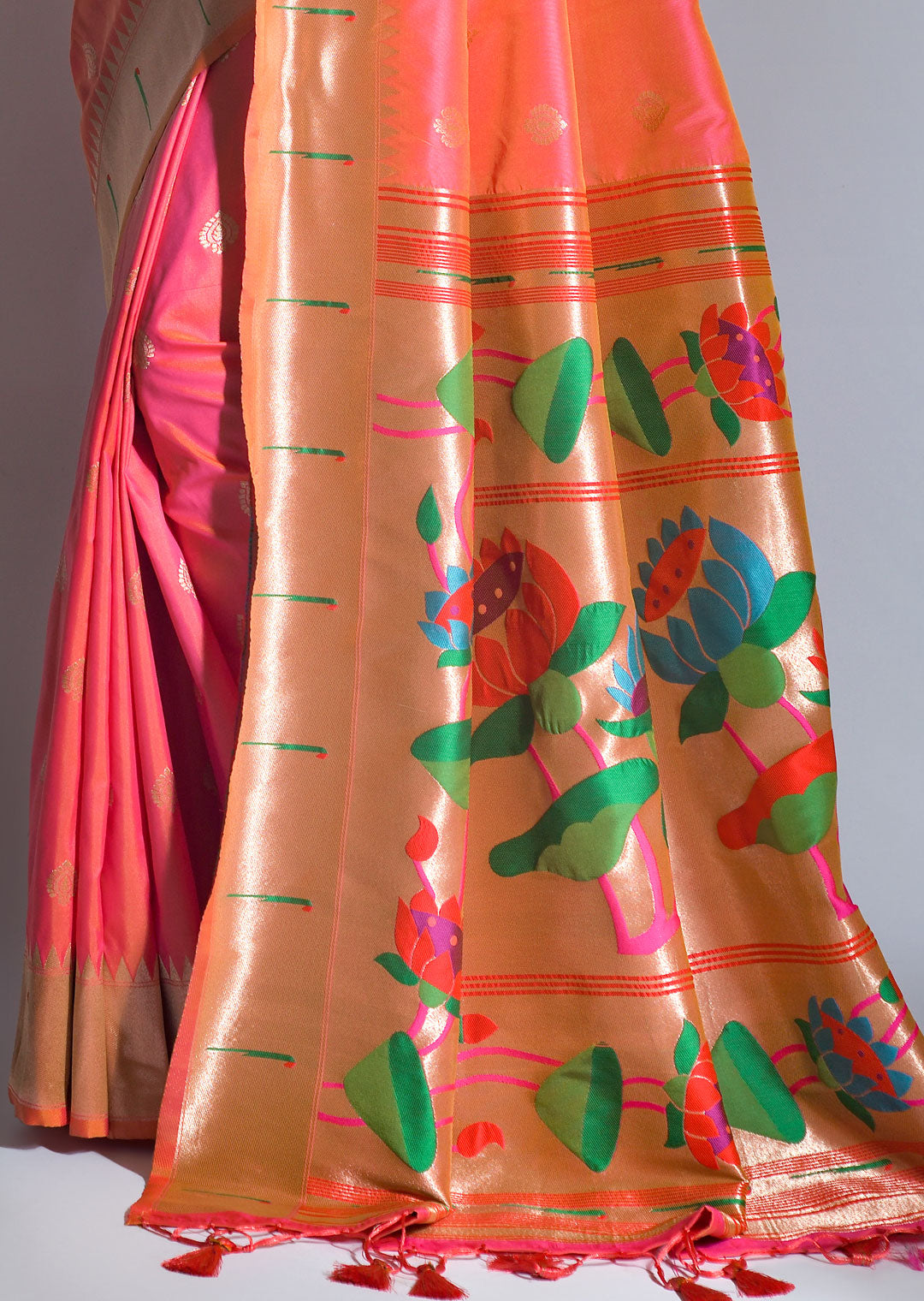 SALMON ORANGE ZARI WOVEN TRADITIONAL PAITHANI SILK SAREE