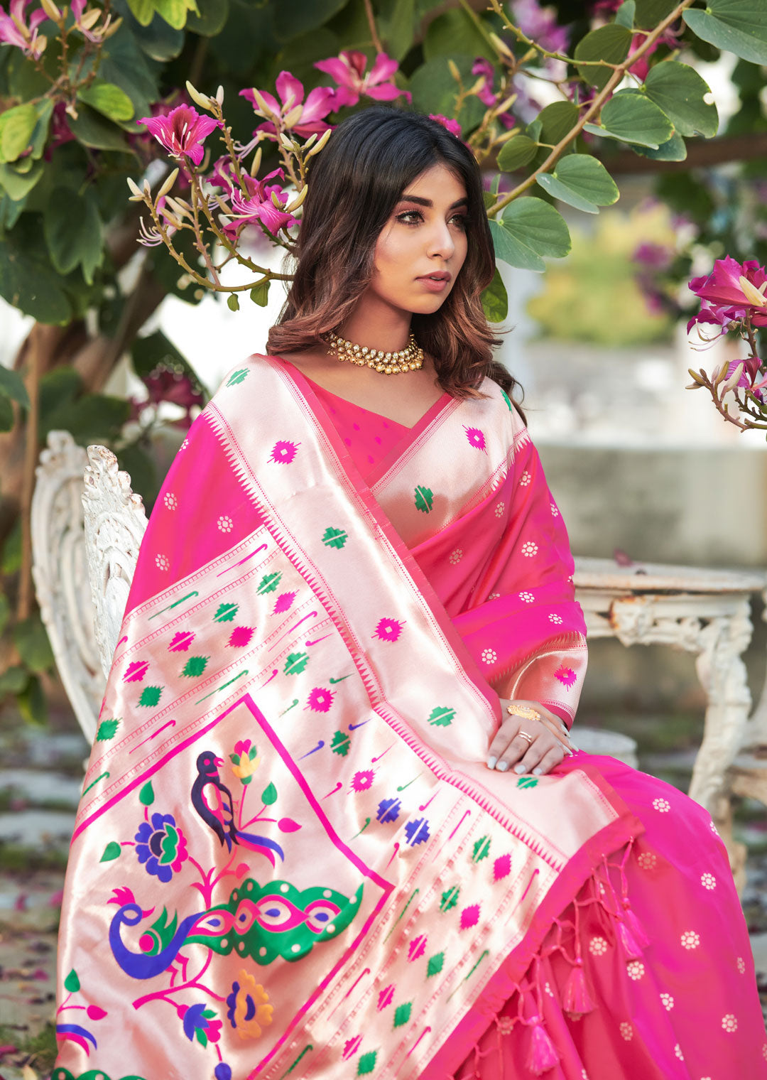 Tailored Patch Embroidered Silk Ruby Pink Saree SARV142721