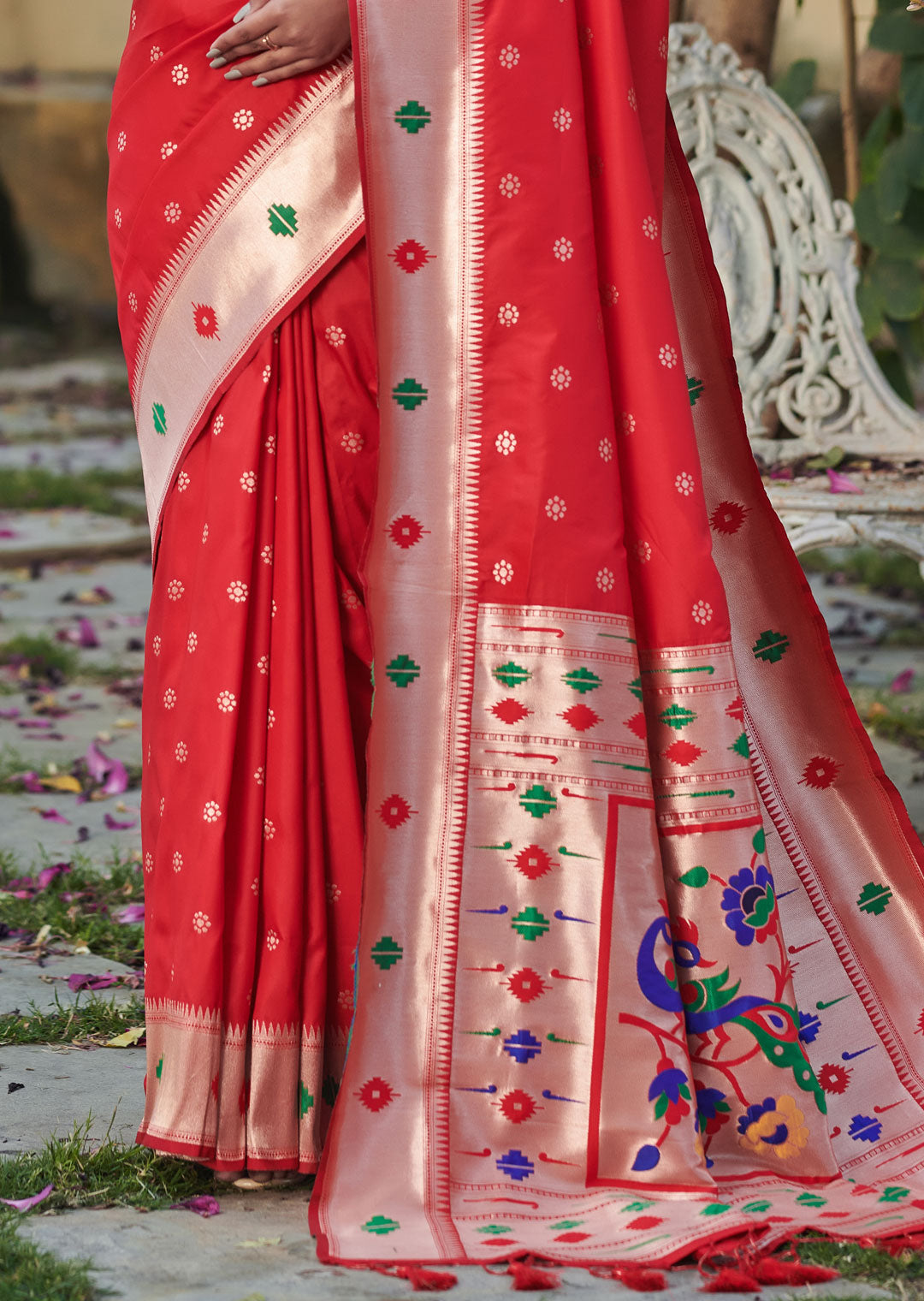 RED ZARI WOVEN TRADITIONAL PAITHANI SILK SAREE