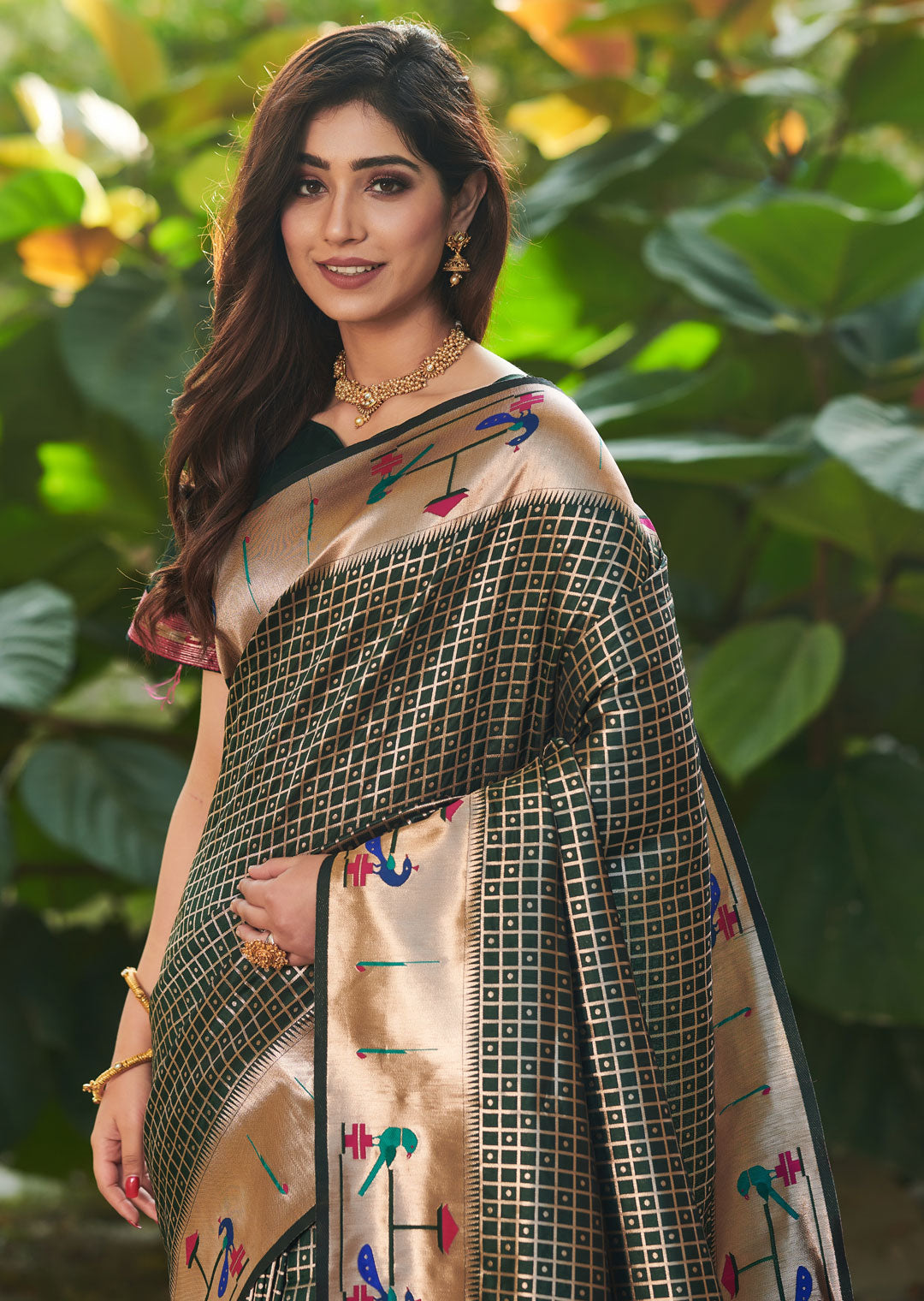 BOTTLE GREEN ZARI WOVEN TRADITIONAL PAITHANI SILK SAREE