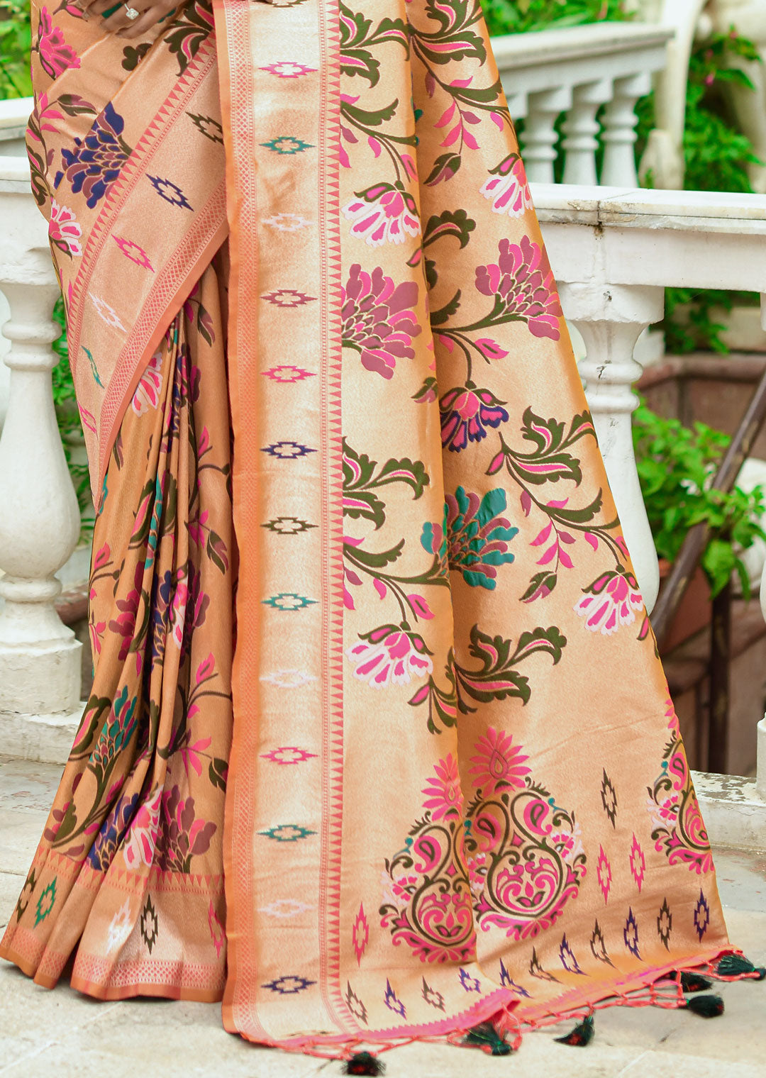 SALMON ORANGE ZARI WOVEN TRADITIONAL PAITHANI SILK SAREE